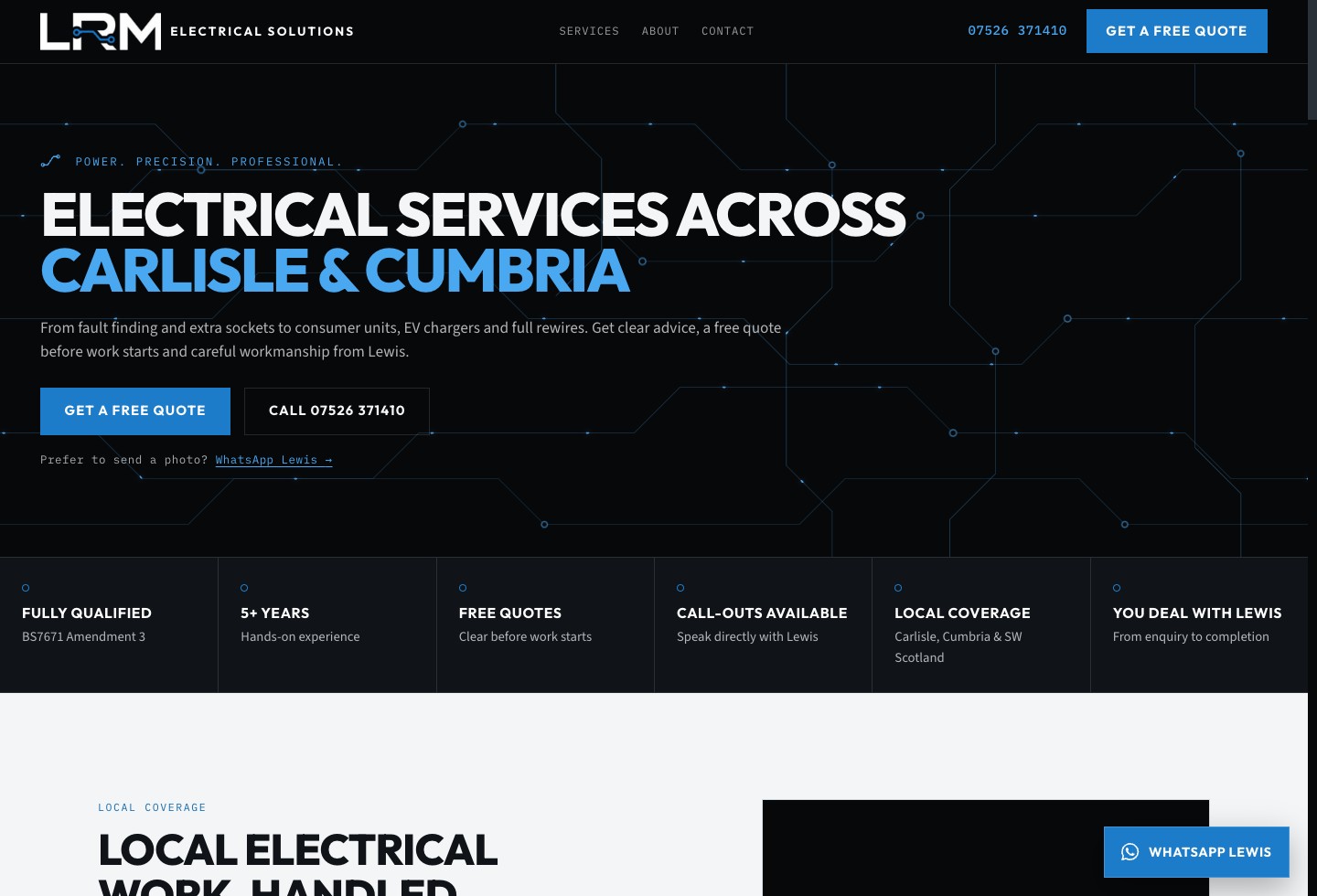 LRM Electrical Solutions website showing domestic electrical services and local coverage