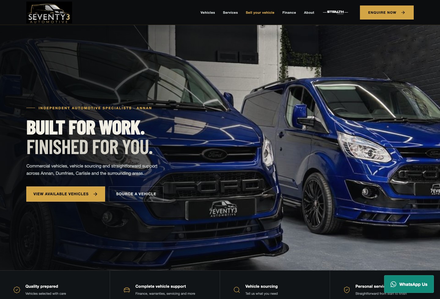 Seventy3 Automotive website showing vehicle stock and sourcing services
