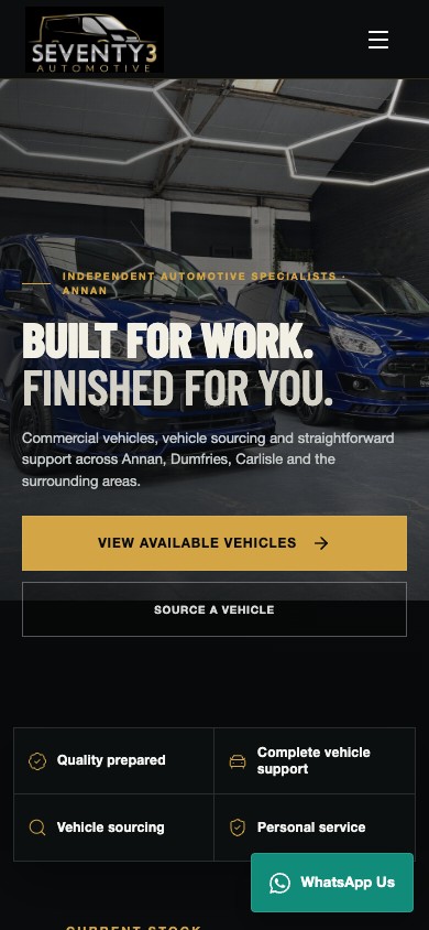 Seventy3 Automotive website on a mobile phone