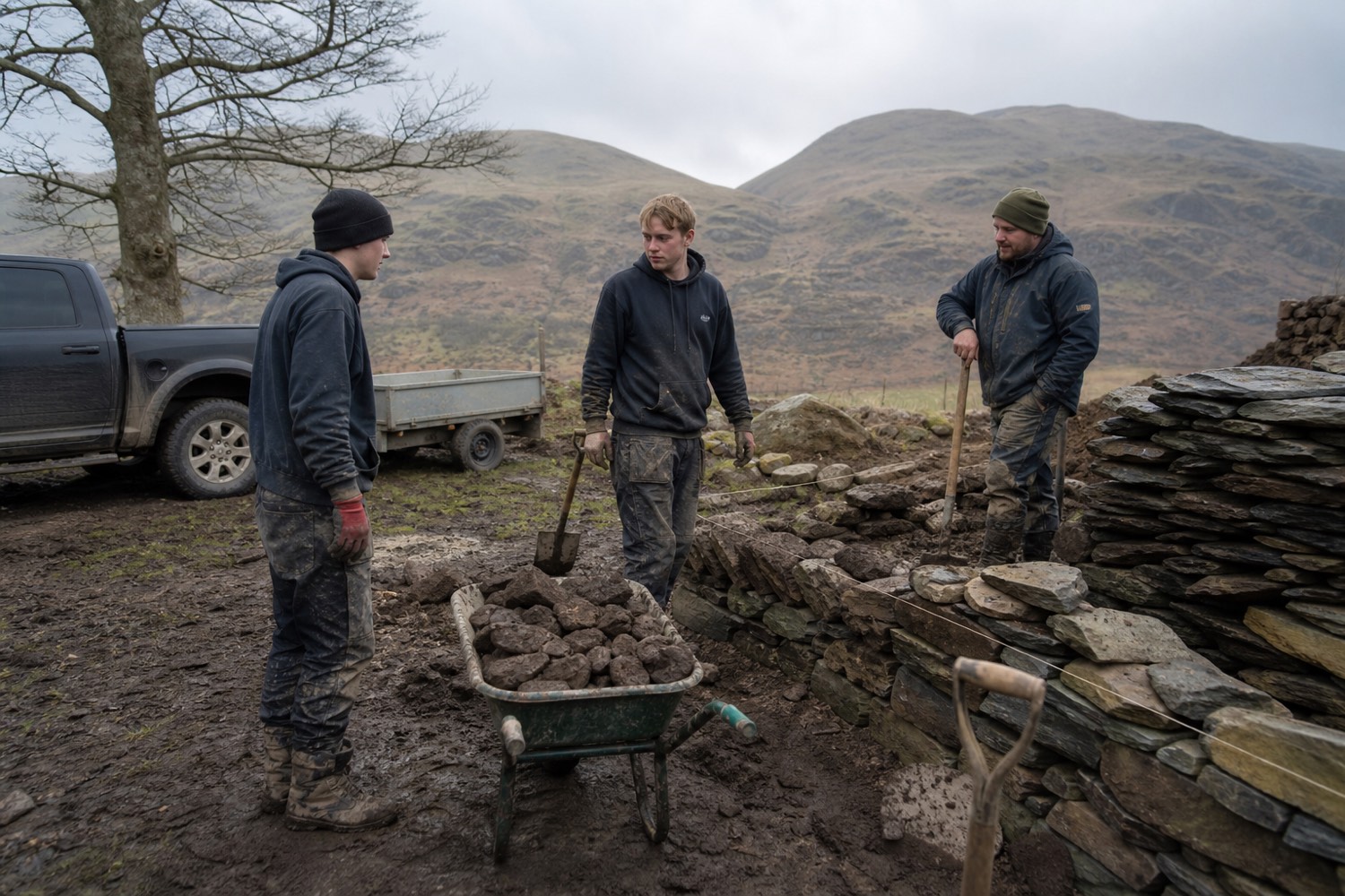 Three of the crew in workwear beside a part-built dry stone wall with a pickup and trailer behind